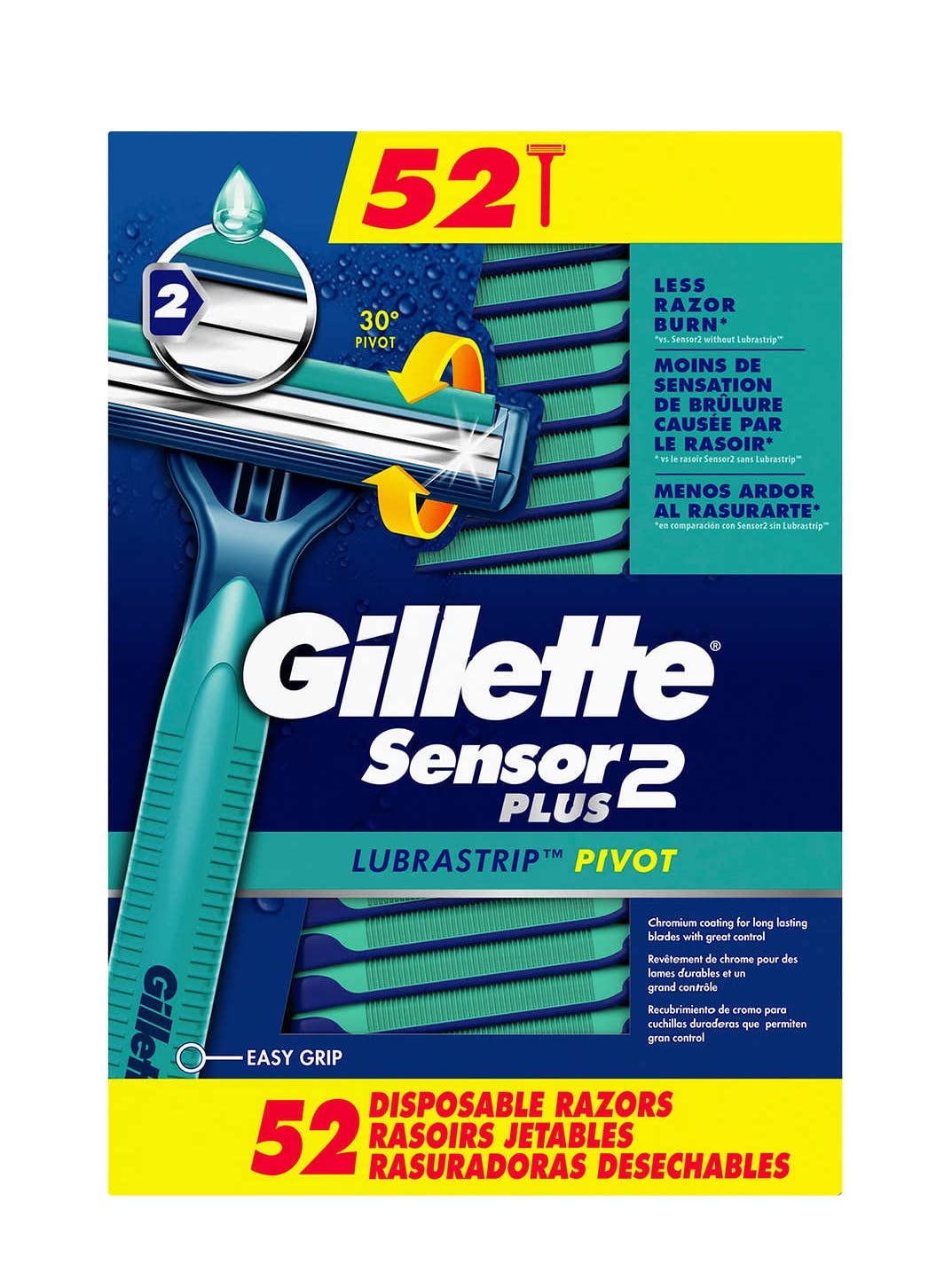 Gillette Sensor2 Plus empaque frontal mostrando caja de 52 rasuradoras y ahorro