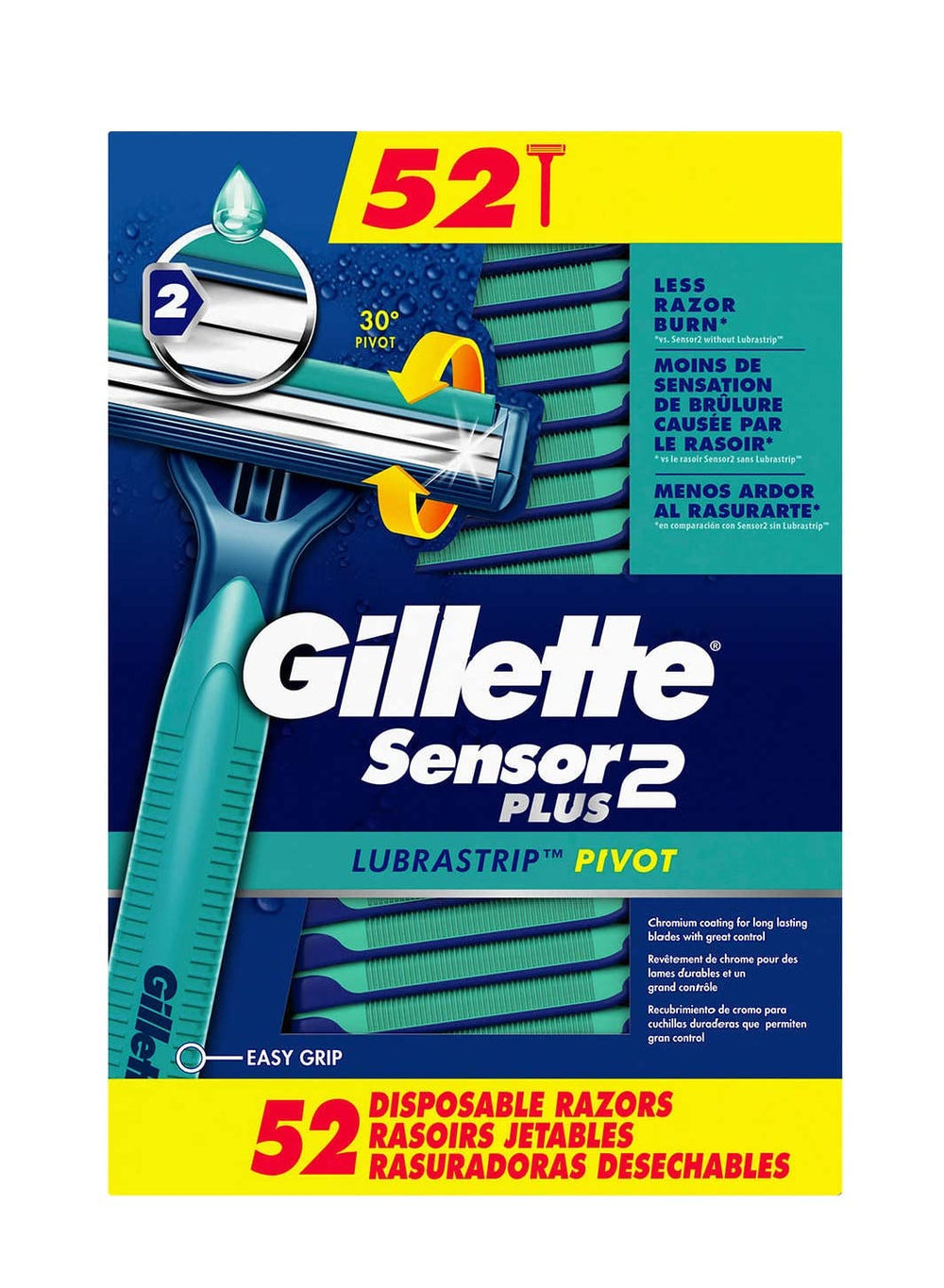 Gillette Sensor2 Plus empaque frontal mostrando caja de 52 rasuradoras y ahorro