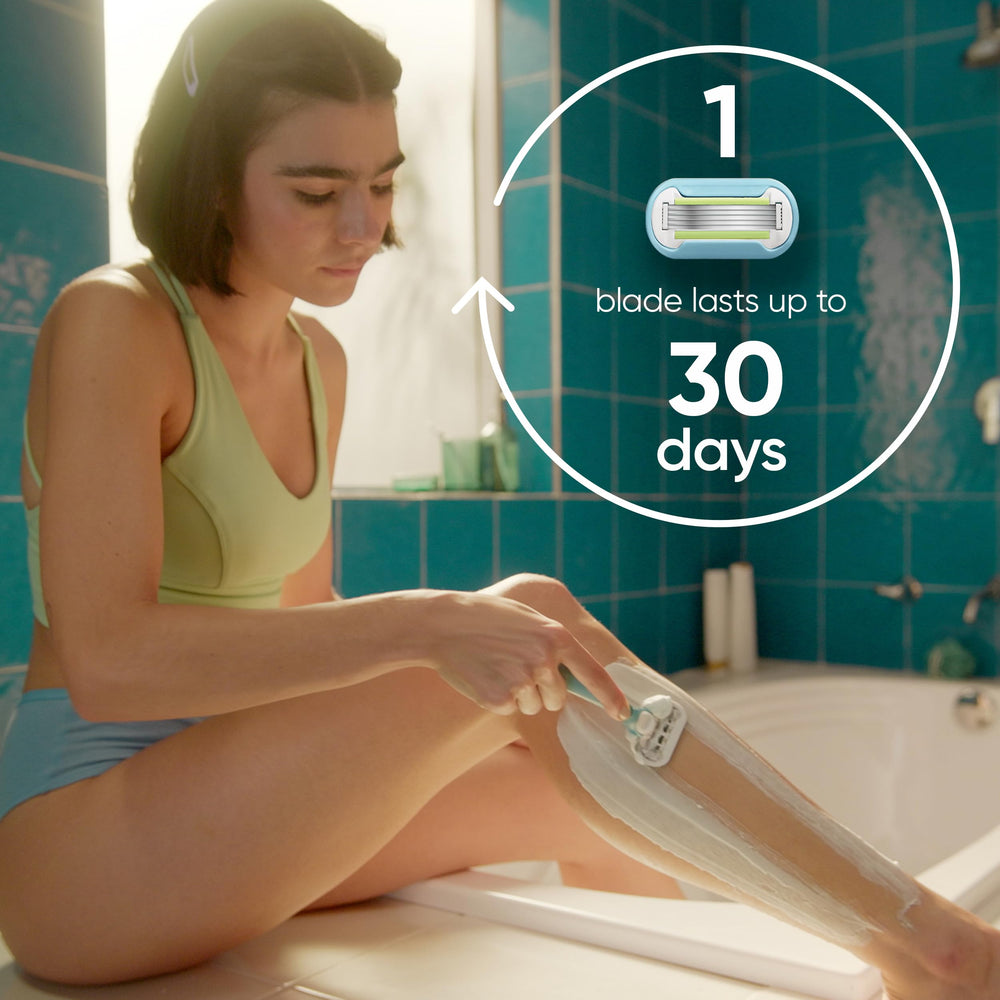Gillette Venus recambio junto a regla ilustrando tamaño y duración estimada