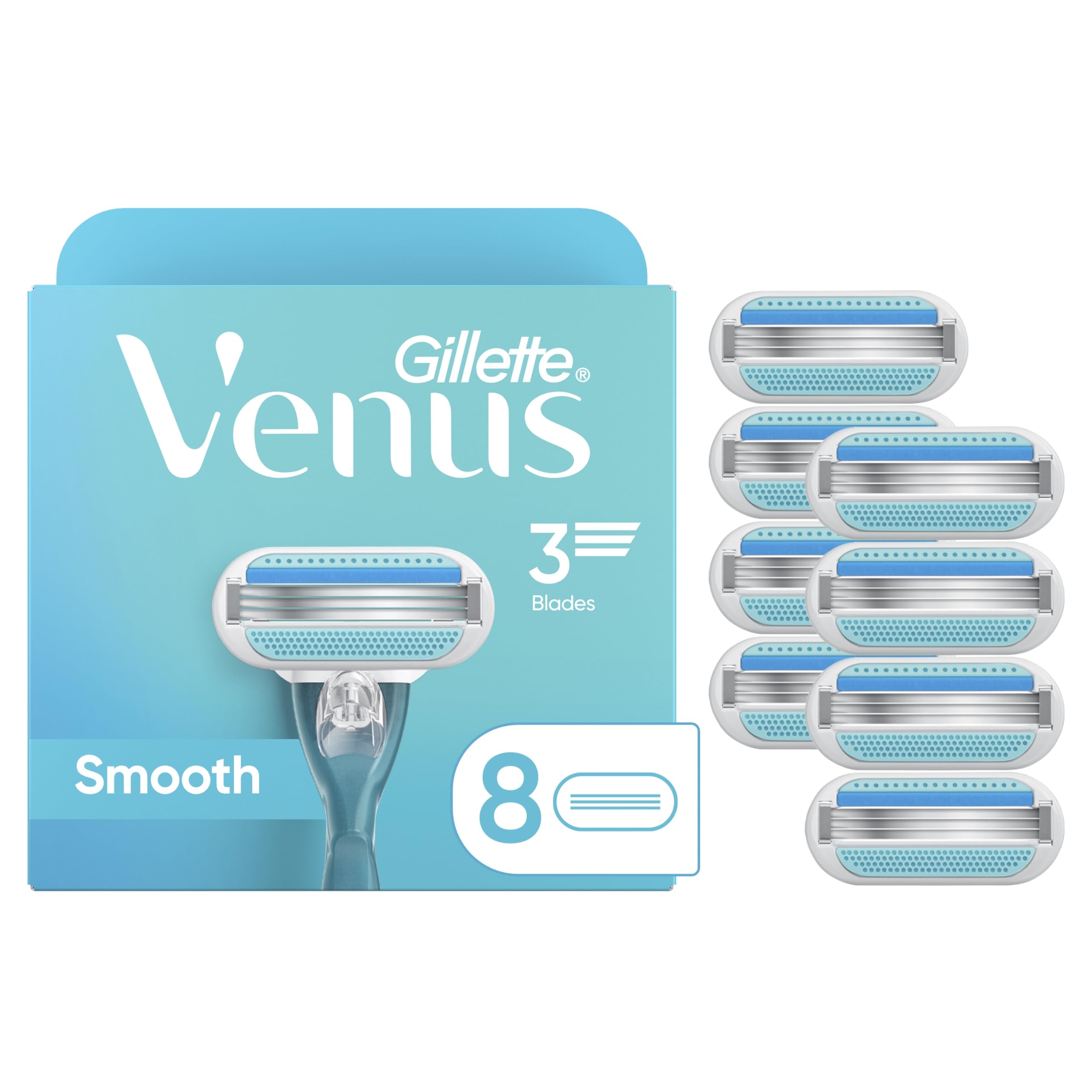 Gillette Venus empaque frontal mostrando el paquete de ocho recambios y comodidad