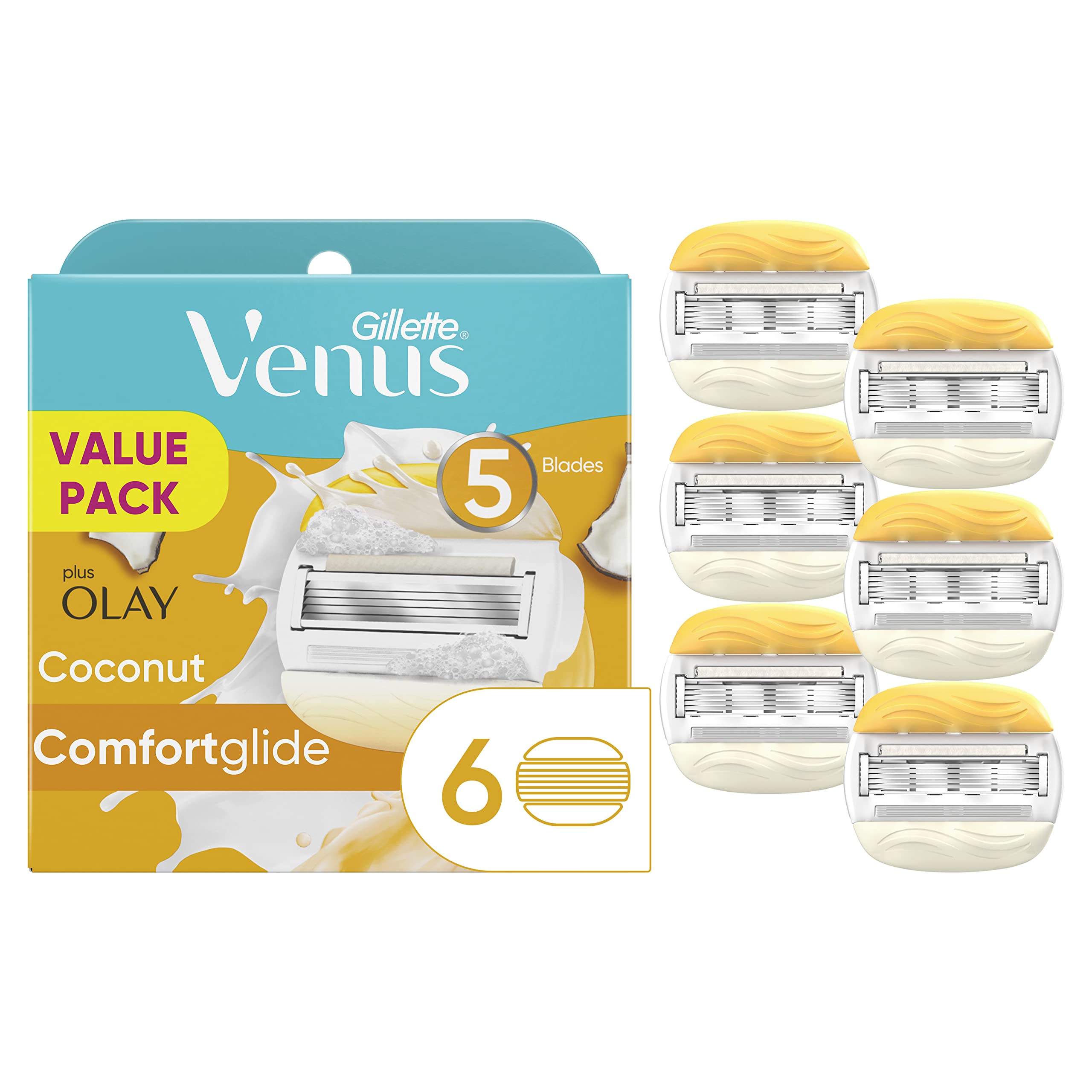 Gillette Venus frontal del paquete mostrando 6 recambios y beneficio conveniencia