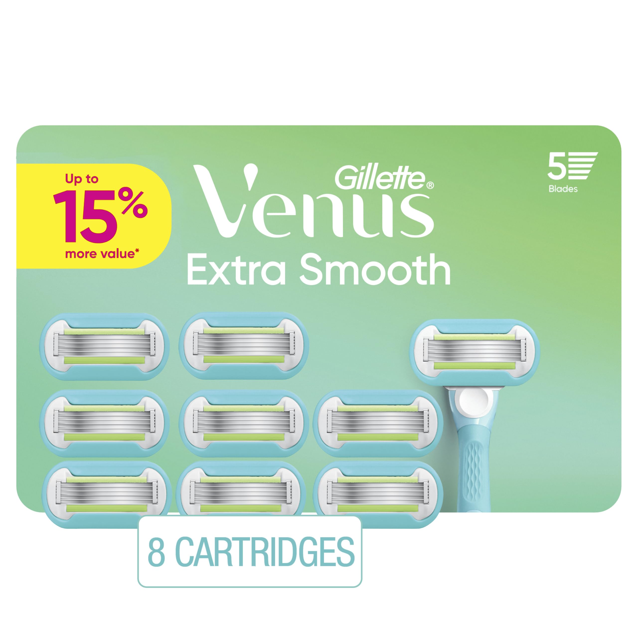 Gillette Venus paquete frontal mostrando las ocho recargas y beneficio de recambios duraderos