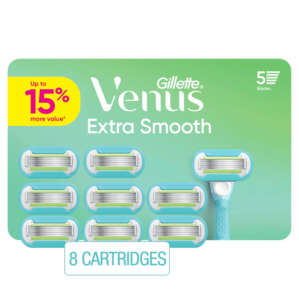 Gillette Venus paquete frontal mostrando las ocho recargas y beneficio de recambios duraderos