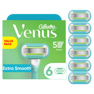 Gillette Venus empaque frontal mostrando seis recambios y beneficio de ahorro