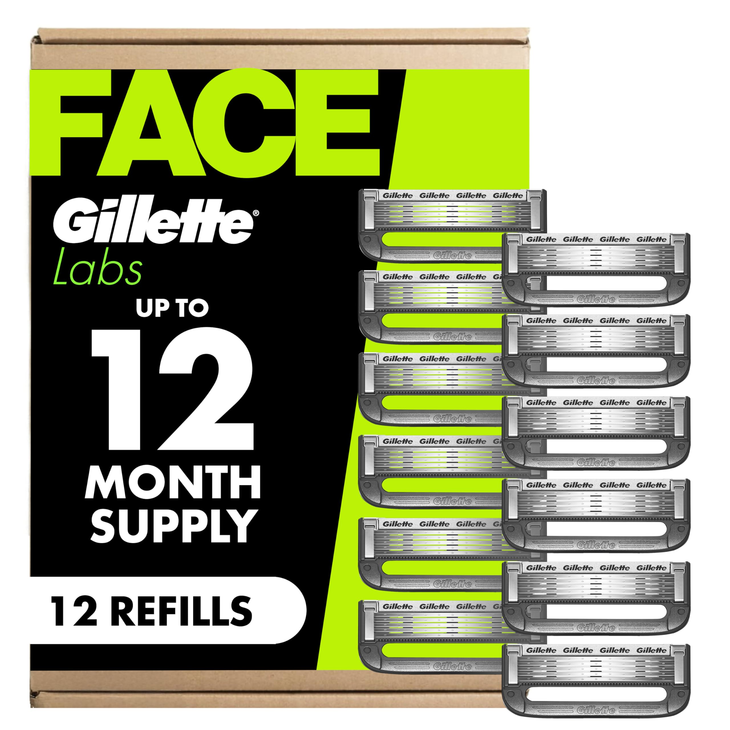 Gillette branded front packaging showing 12-count refill pack and benefits