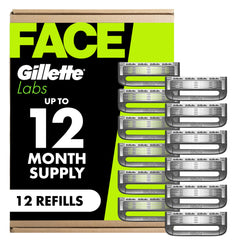 Gillette branded front packaging showing 12-count refill pack and benefits
