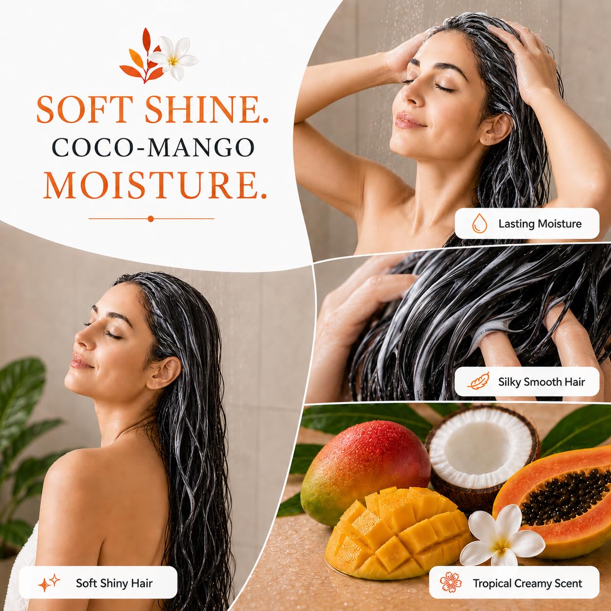 Ginger Lily Farms fragancia coco mango mostrada con frutas tropicales agradable aroma