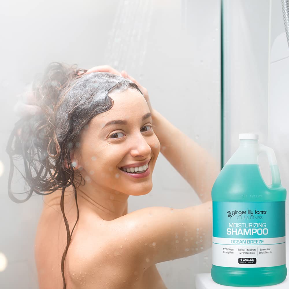 Ginger Lily Farms in spa shower scene conveying refreshing ocean-breeze benefit