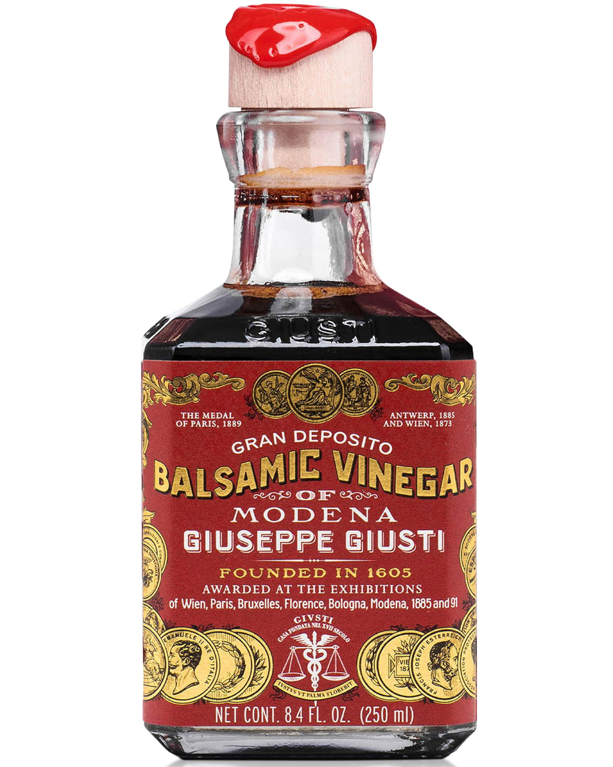 Giusti botella frontal 250 ml mostrando etiqueta auténtica y presencia elegante