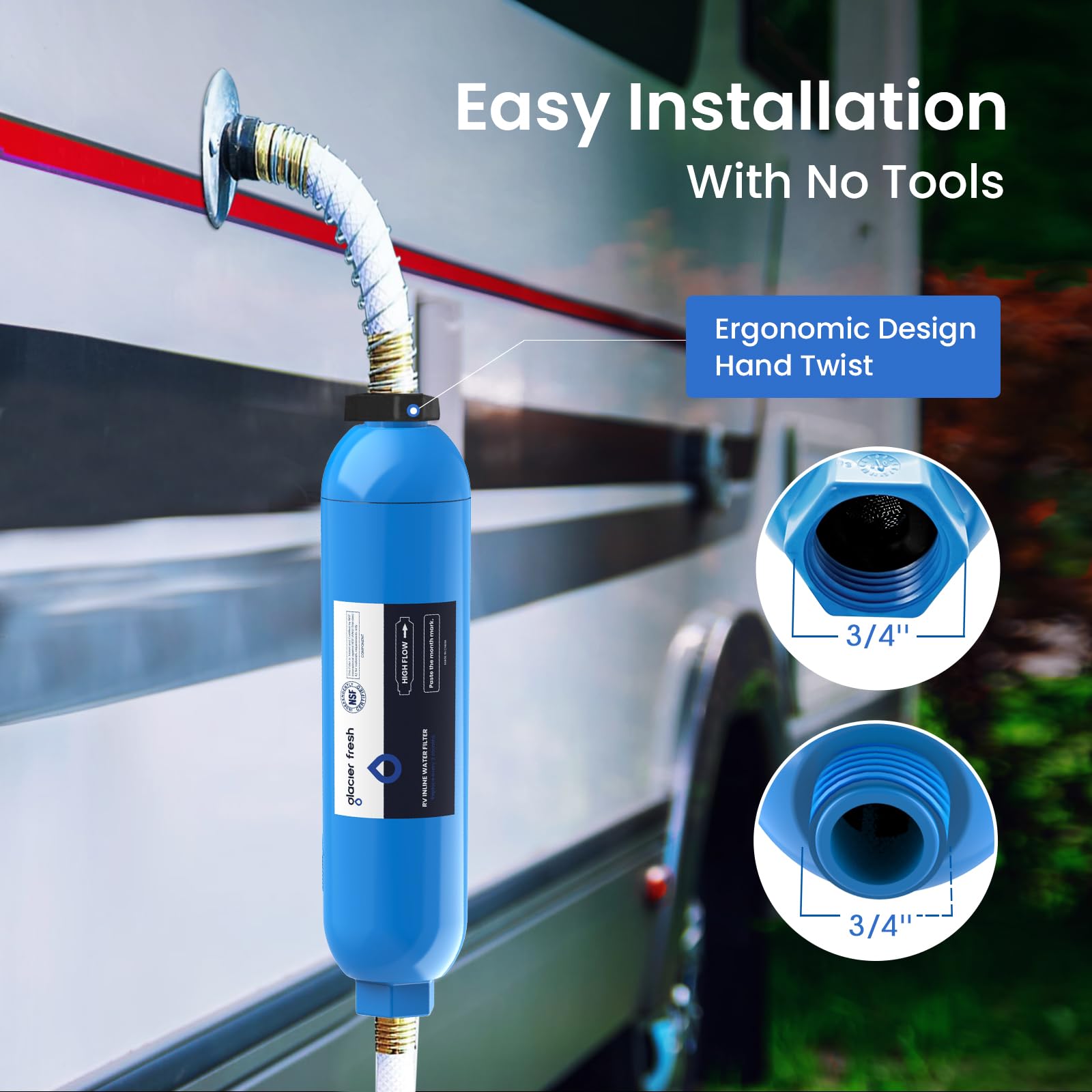 GLACIER FRESH next to hose and faucet for size comparison showing compact, space-saving design
