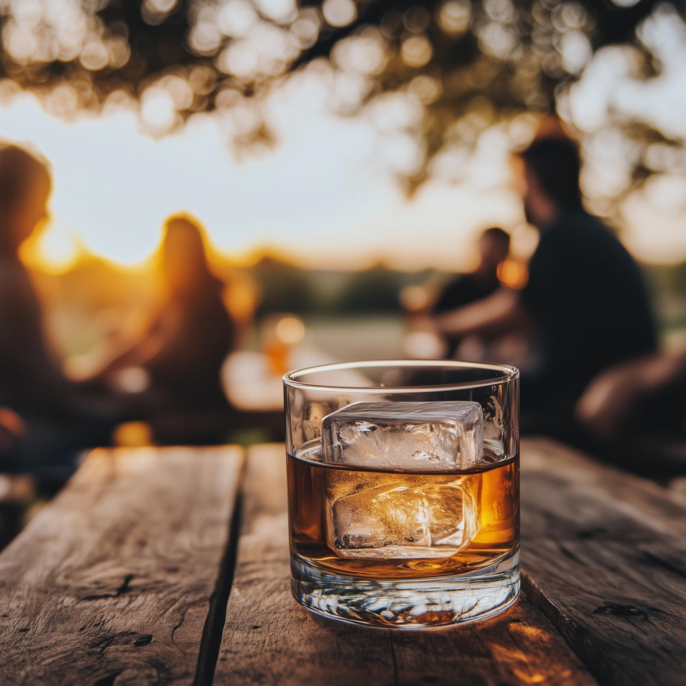 glacio cubos grandes en vaso de whisky enfriando lentamente y preservando sabor