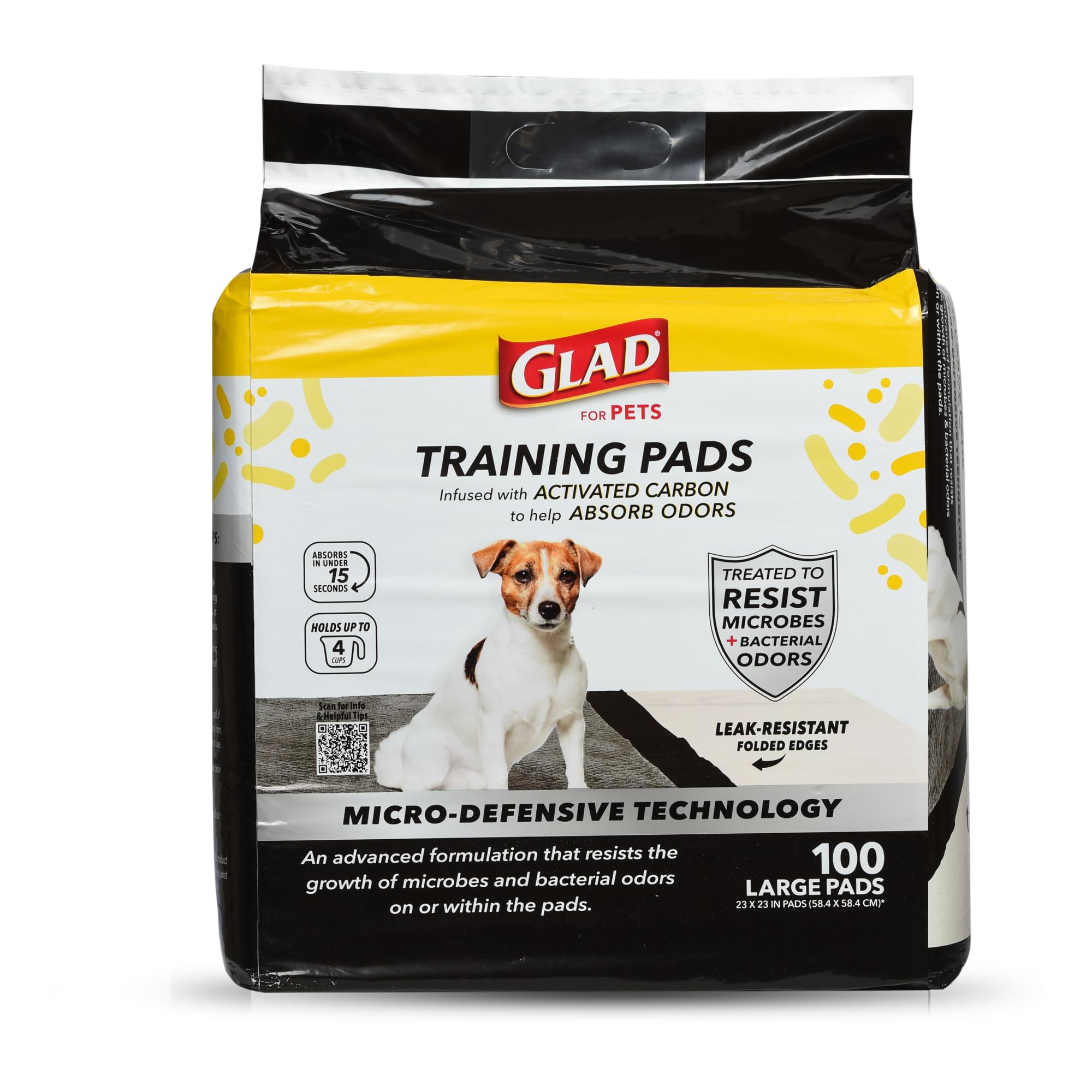 Glad almohadilla paquete frontal mostrando etiqueta y cantidad 100 para control de olores