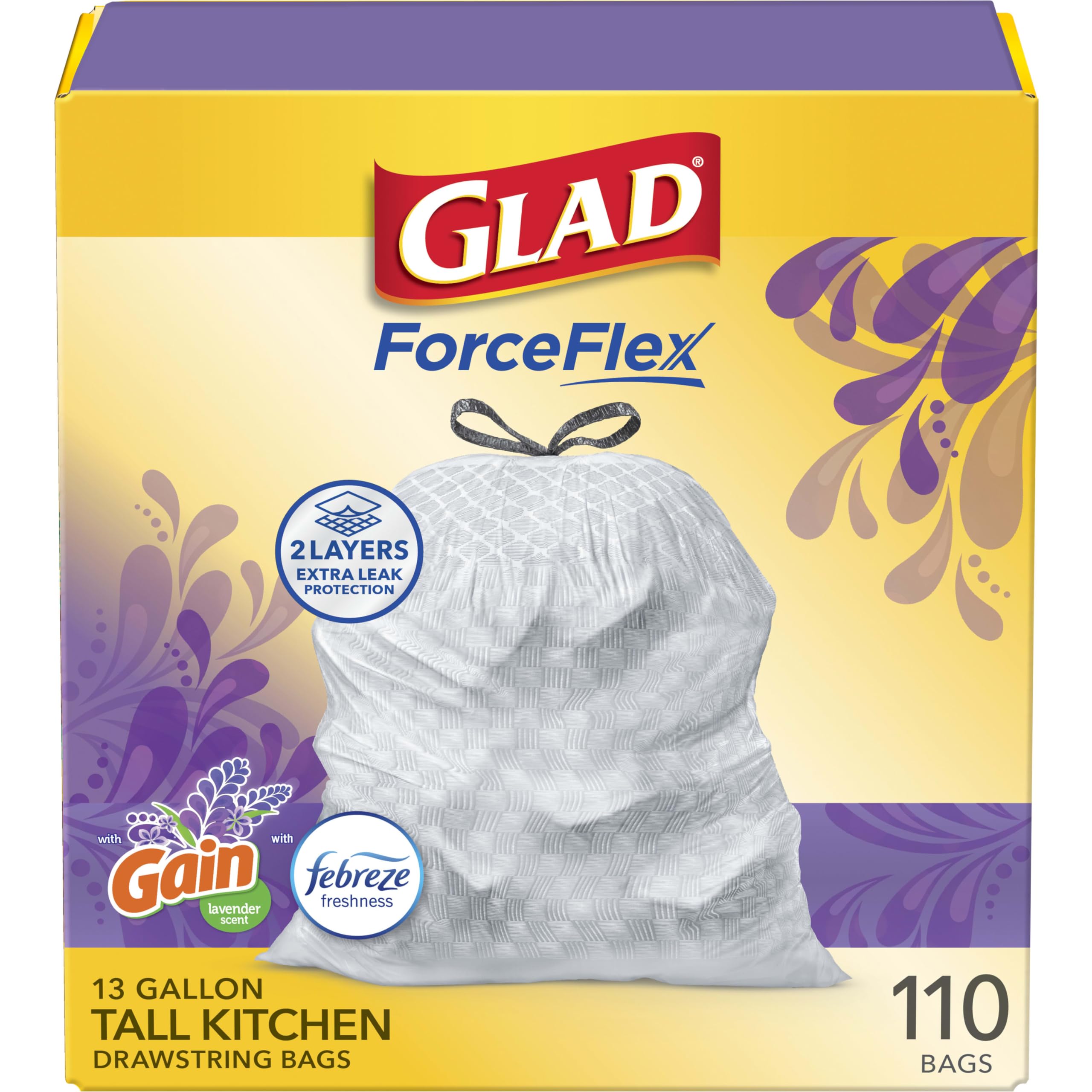 Glad empaque frontal mostrando 110 unidades y aroma Gain Lavender