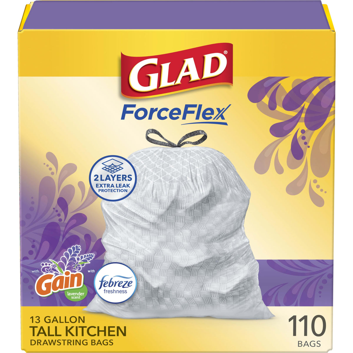 Glad empaque frontal mostrando 110 unidades y aroma Gain Lavender