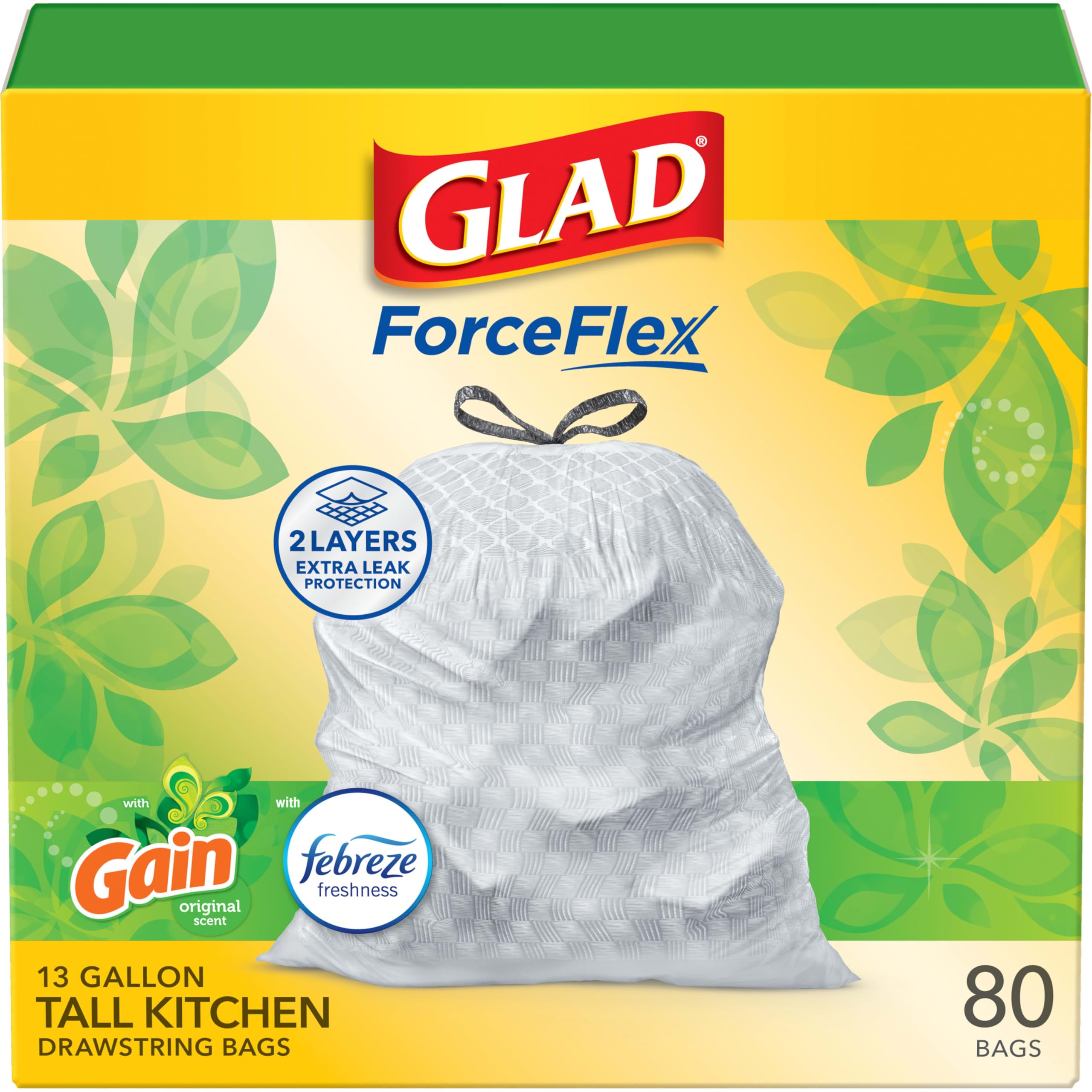 Glad empaque frontal mostrando 80 unidades y tamaño 13 galones, protección clara