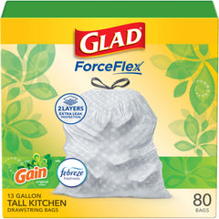 Glad empaque frontal mostrando 80 unidades y tamaño 13 galones, protección clara