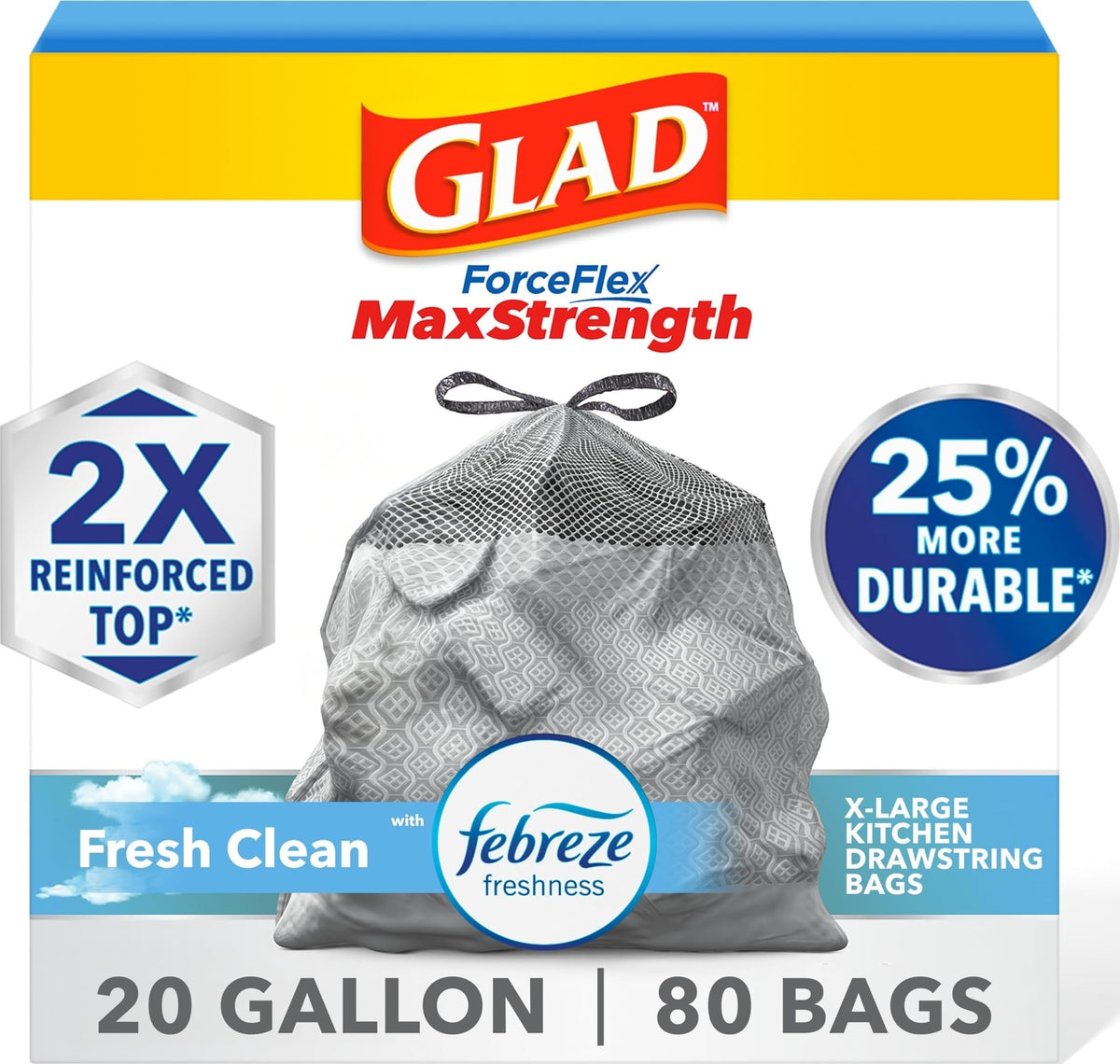 Glad bolsa frontal en caja mostrando 80 unidades y beneficio de capacidad extra