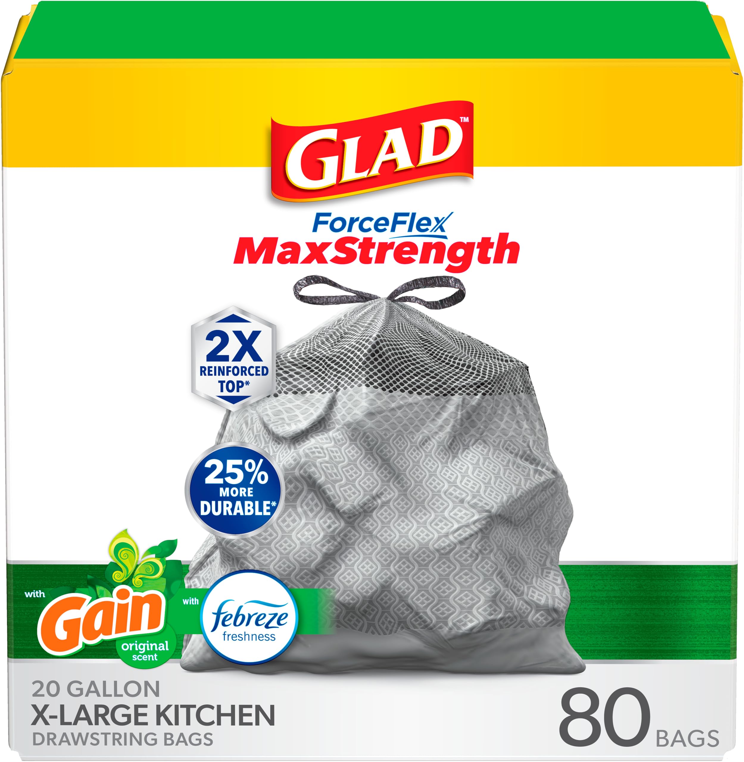 Glad frontal del paquete XL 20 gal ofreciendo resistencia visible