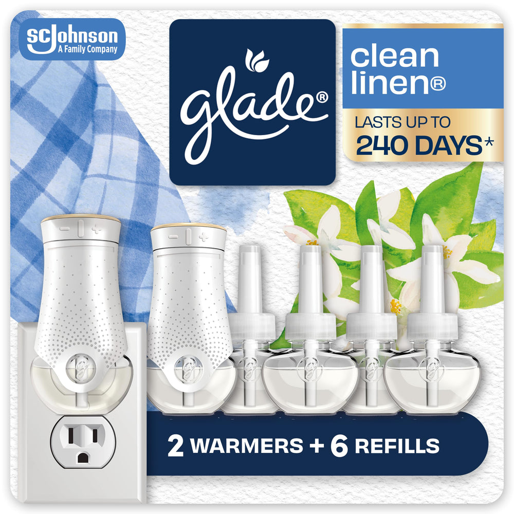 Glade frontal del paquete Clean Linen mostrando contents y beneficio aroma duradero
