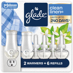 Glade frontal del paquete Clean Linen mostrando contents y beneficio aroma duradero