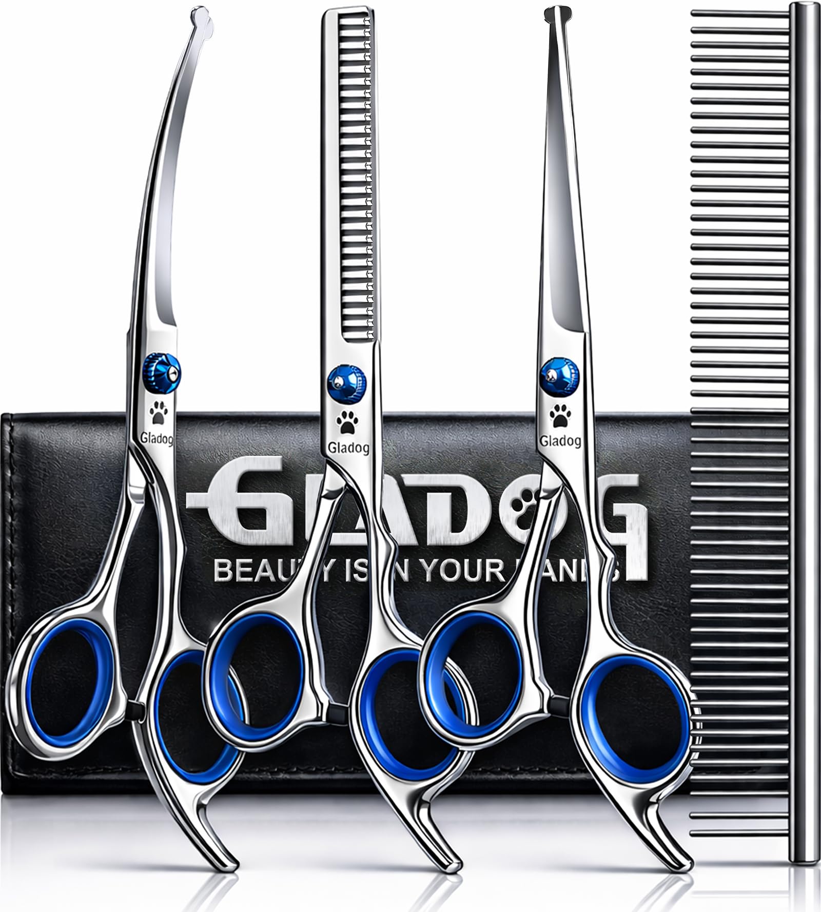 GLADOG vista frontal del paquete con todas las tijeras y accesorios, precisión profesional