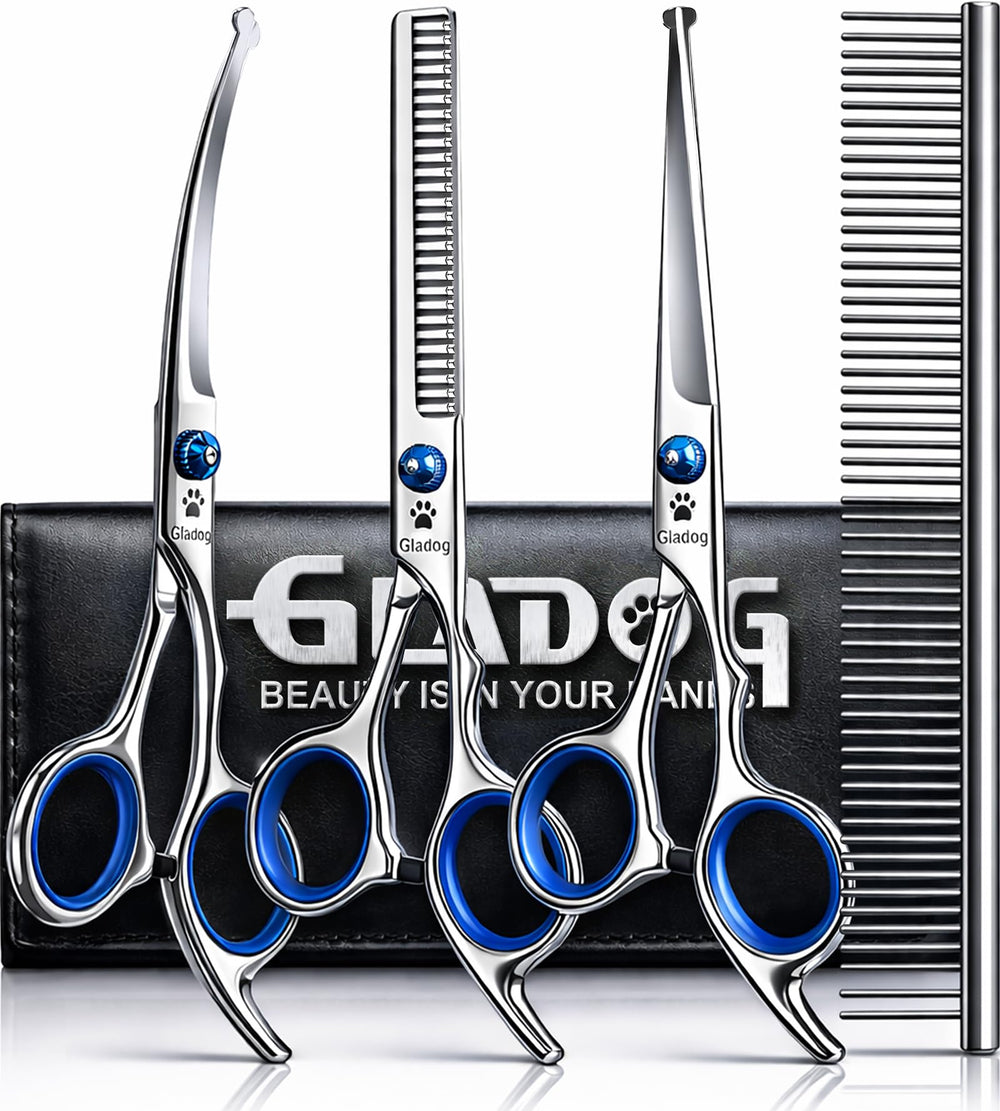 GLADOG vista frontal del paquete con todas las tijeras y accesorios, precisión profesional