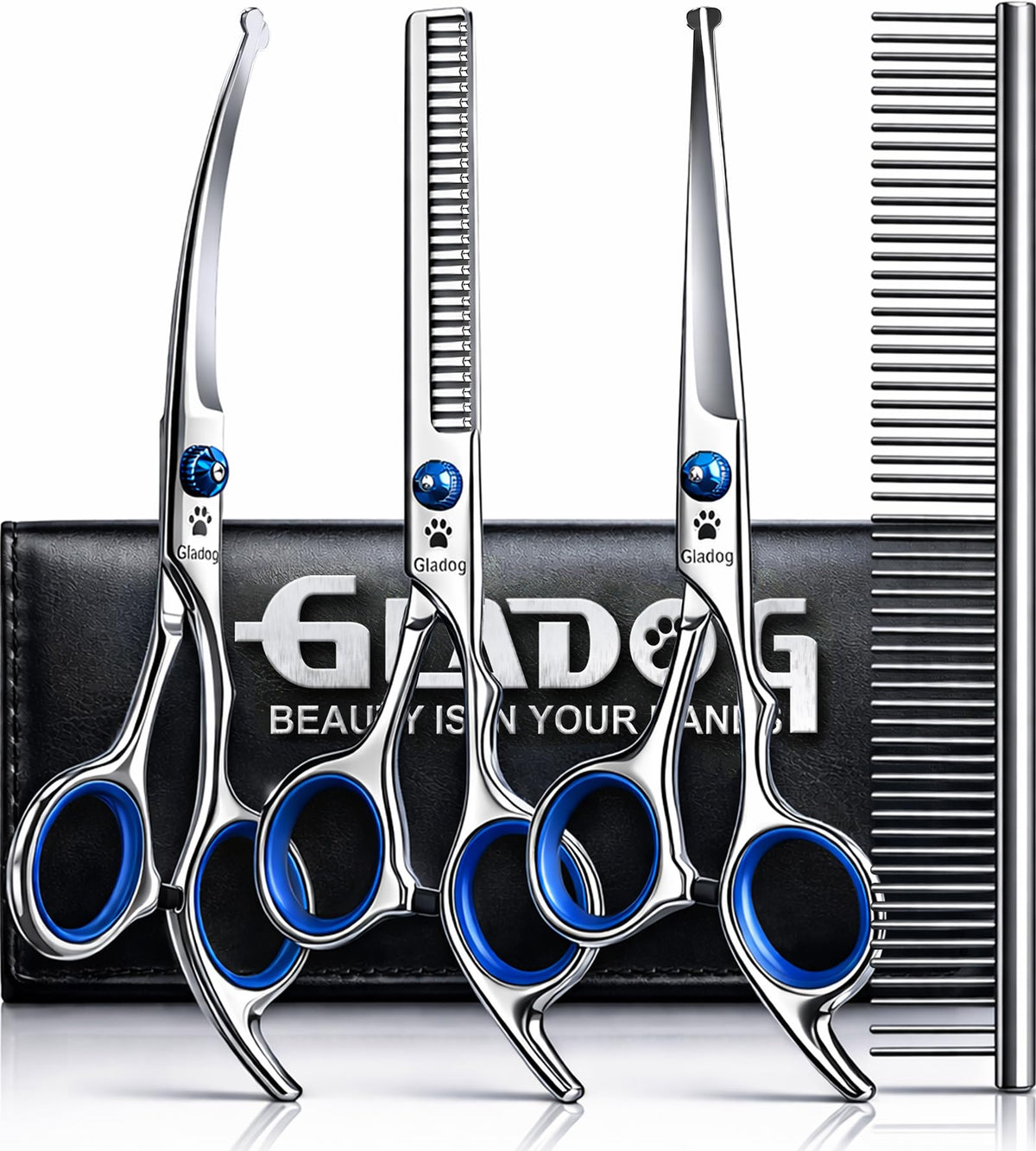 GLADOG vista frontal del paquete con todas las tijeras y accesorios, precisión profesional