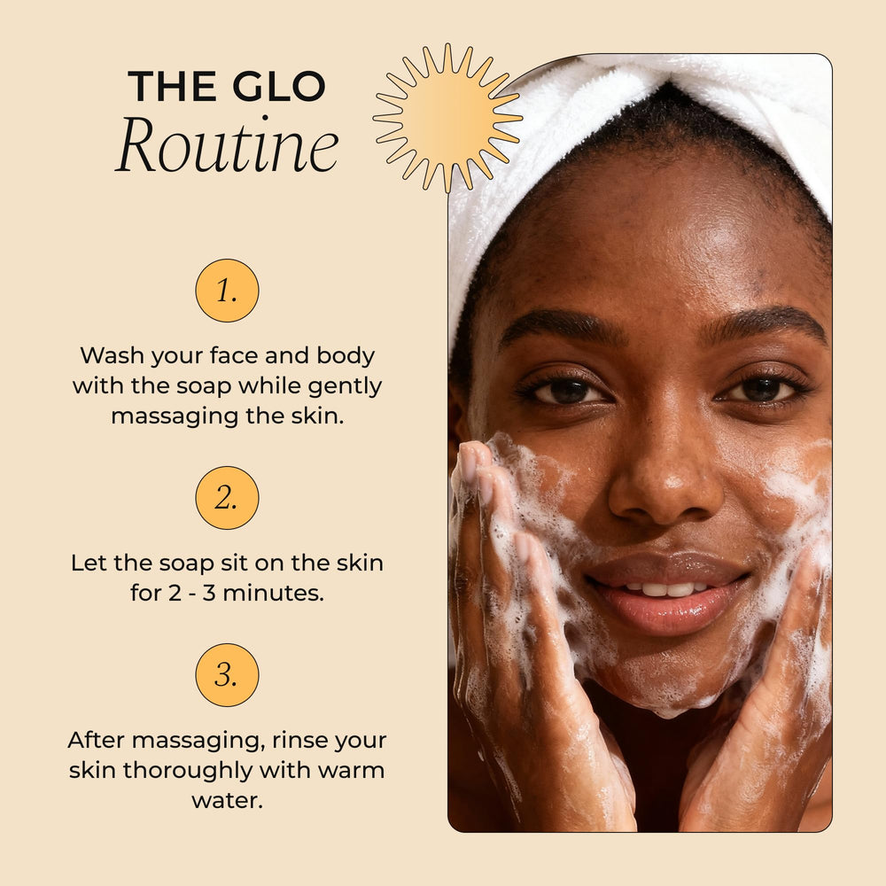 Glo Melanin barra en estante de baño que inspira una rutina cuidada