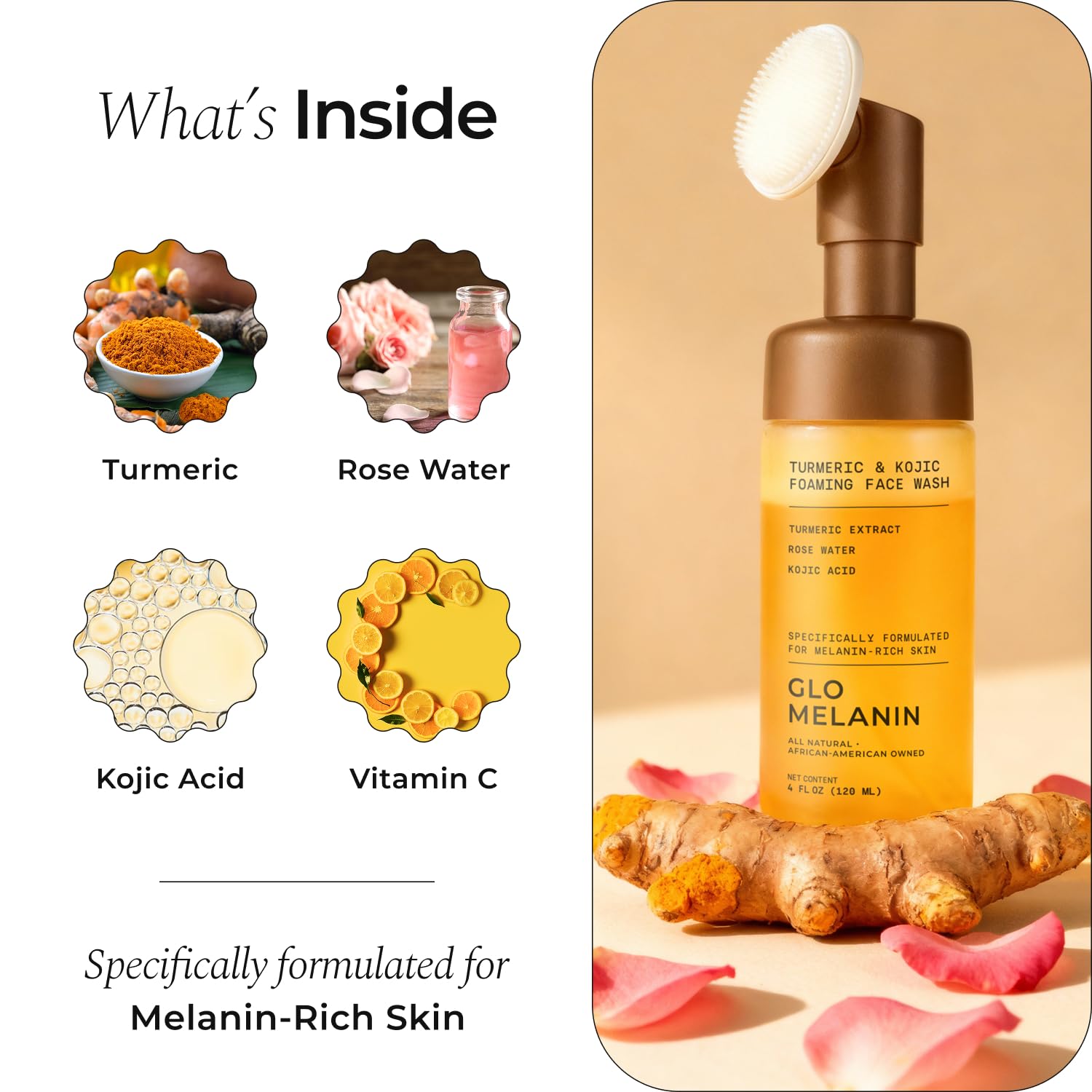 Glo Melanin ingredientes activos curcuma y kojic enfatizando acción unificante