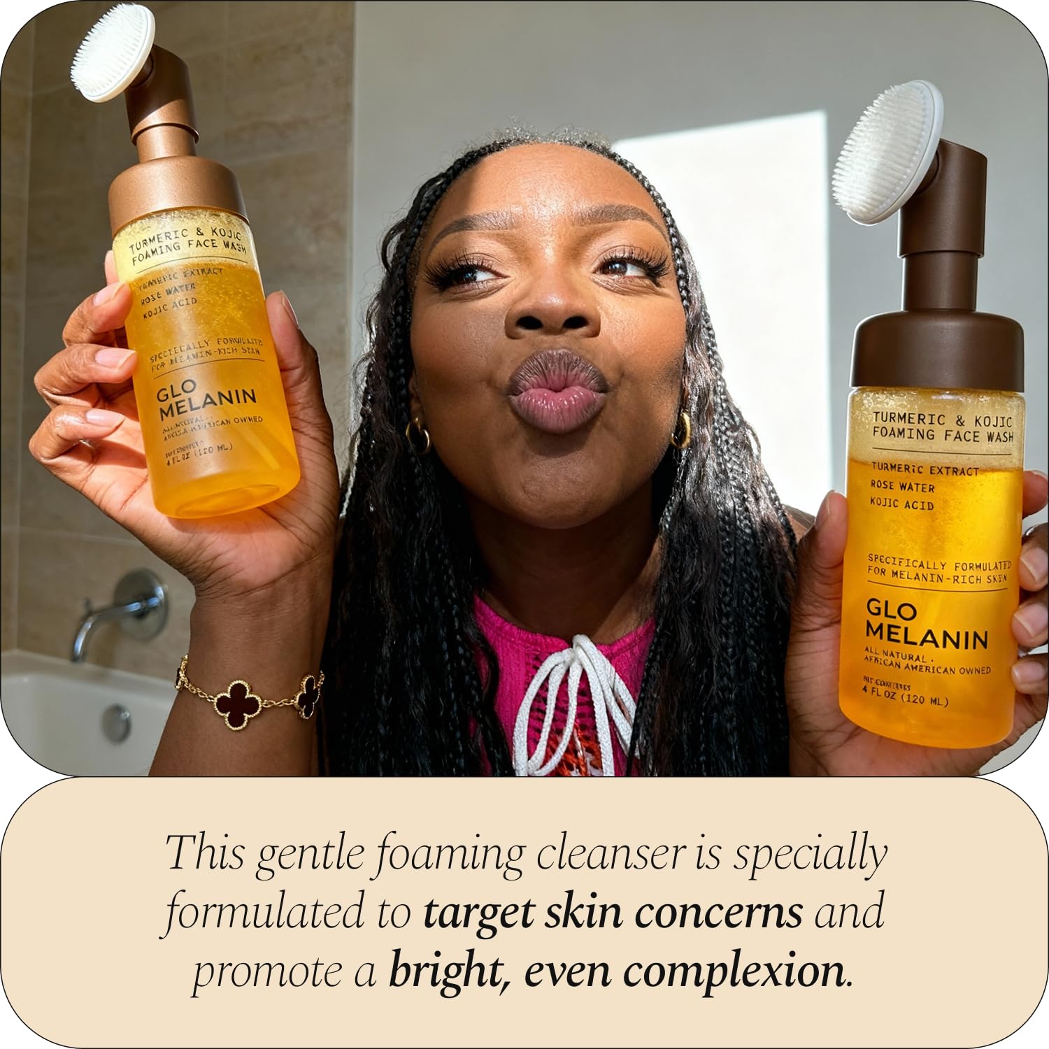 Glo Melanin uso en rostro con espuma para una limpieza profunda y suave