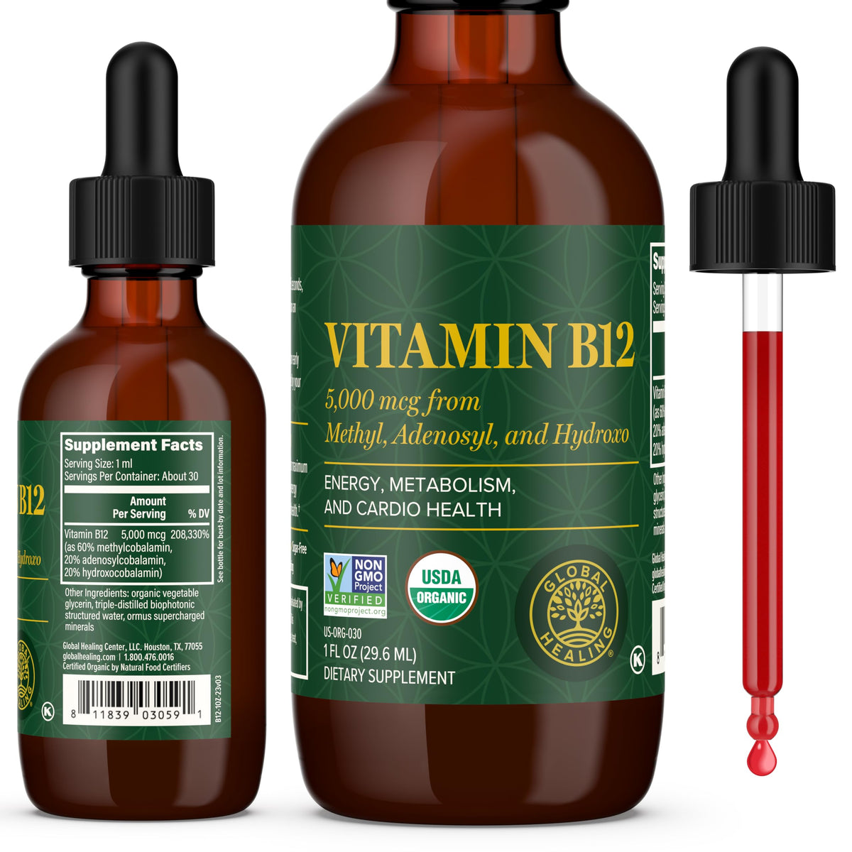 Global Healing Center botella frontal B12 5000mcg mostrando el envase y beneficios