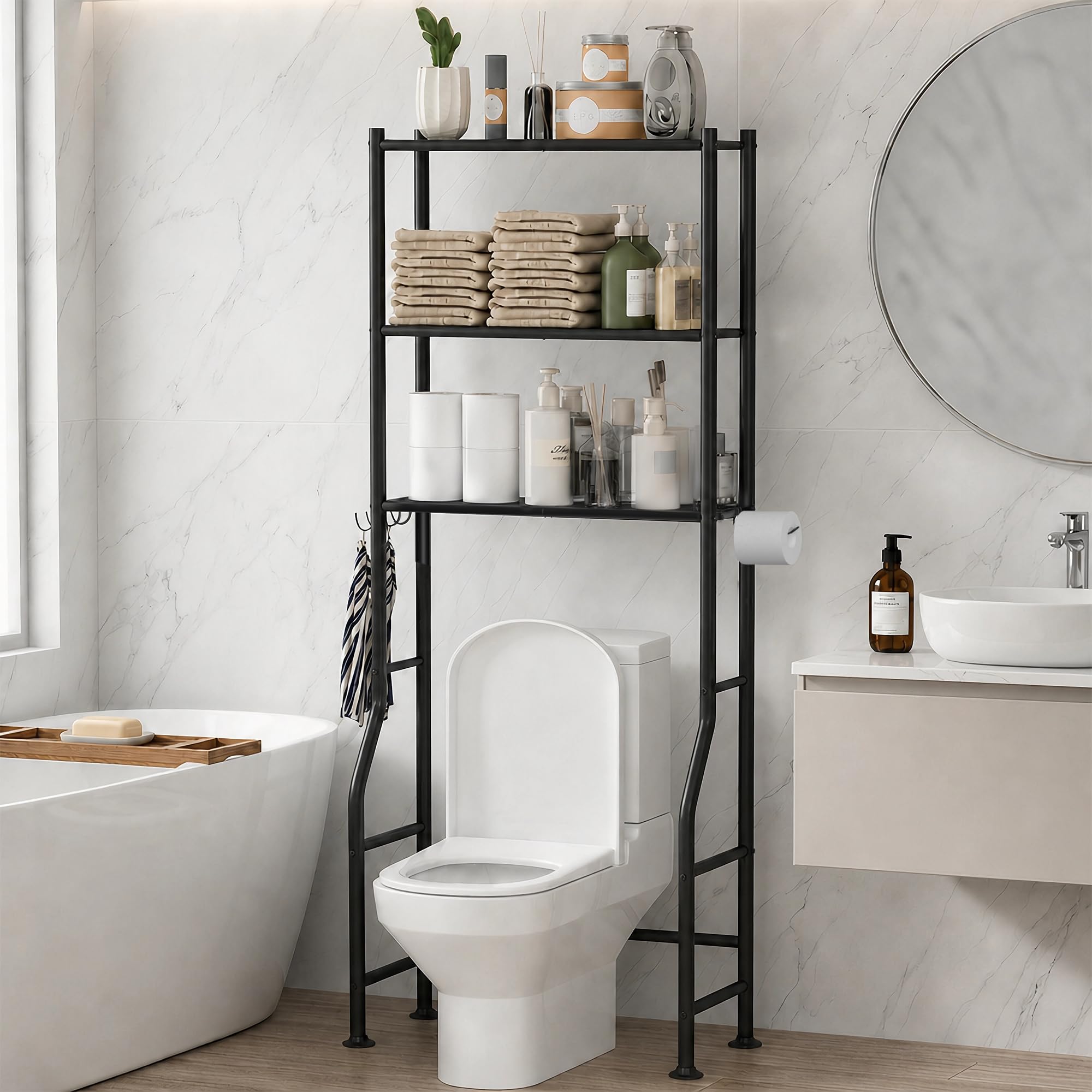 GloTika front view of over-toilet storage showing organized shelves and space saving