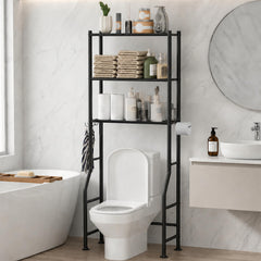 GloTika front view of over-toilet storage showing organized shelves and space saving