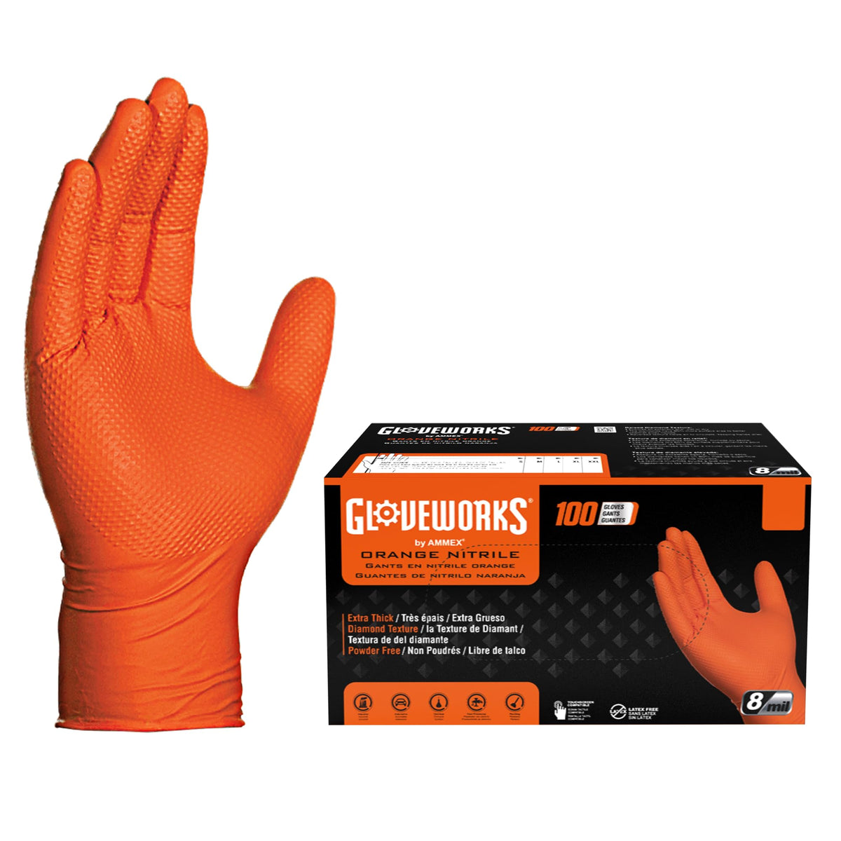 GLOVEWORKS vista frontal de la caja naranja mostrando 100 guantes y ventajas