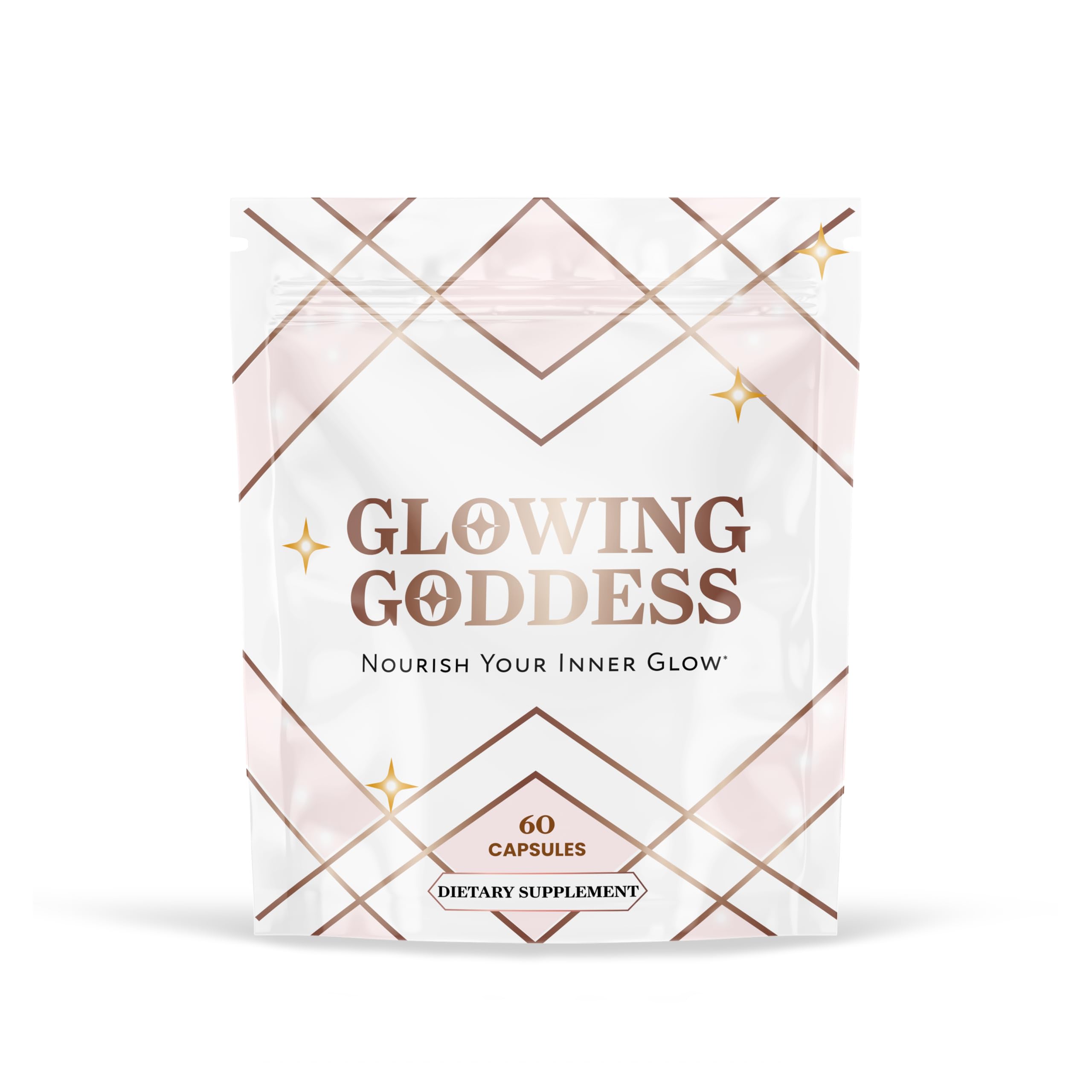 Glowing Goddess envase frontal mostrando la marca y beneficios