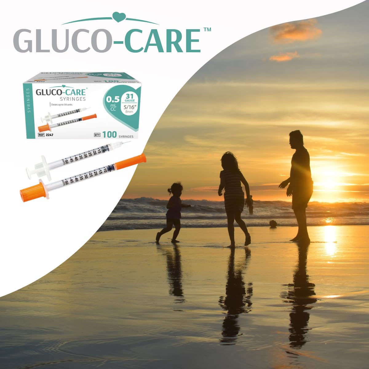 GLUCO-CARE varias jeringas dispuestas, visual de cantidad y uniformidad