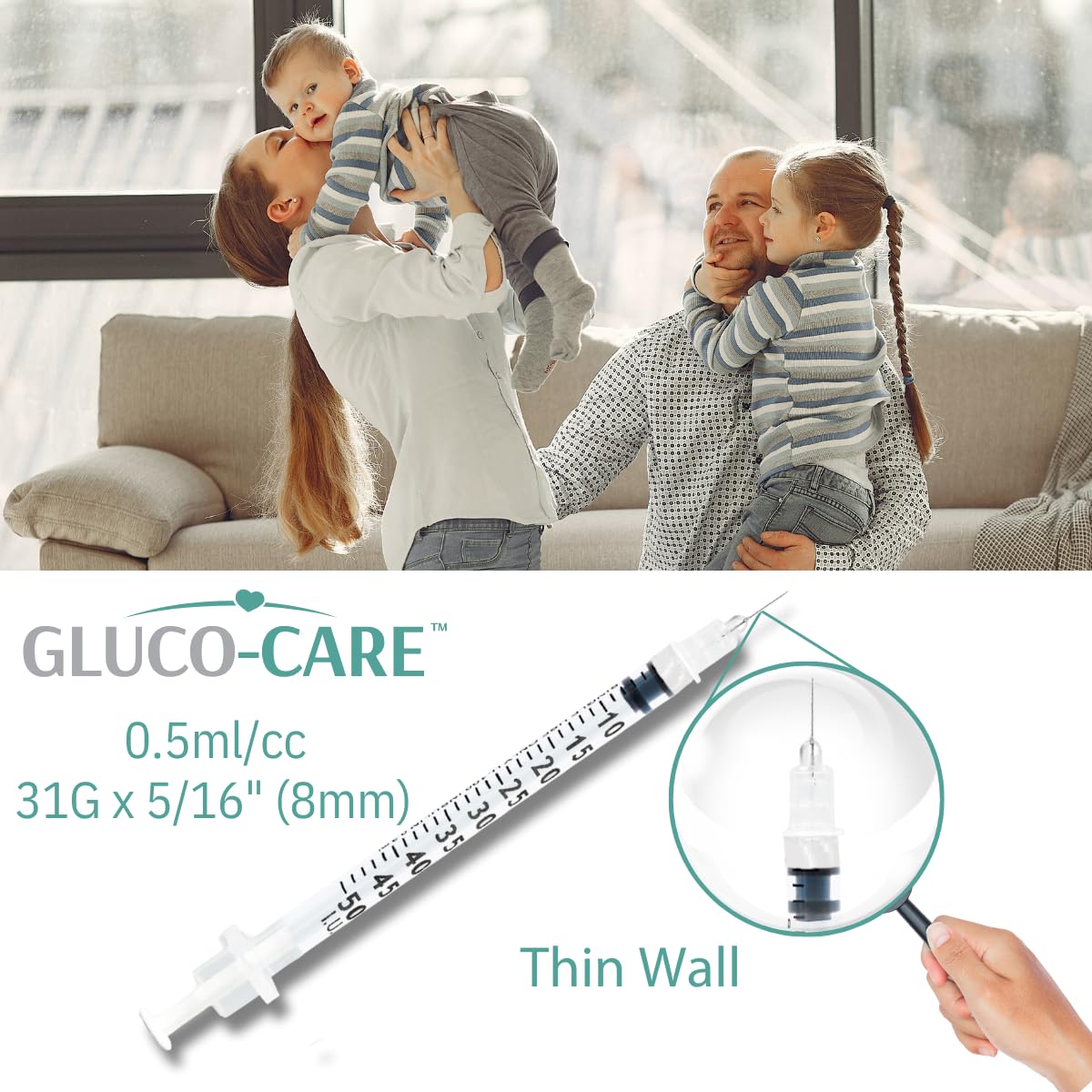 GLUCO-CARE comparación de tamaño para mostrar la longitud de 8 mm de aguja