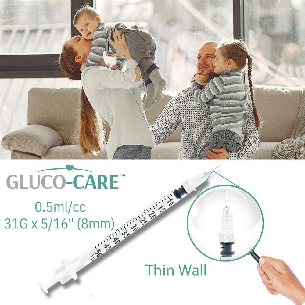 GLUCO-CARE comparación de tamaño para mostrar la longitud de 8 mm de aguja