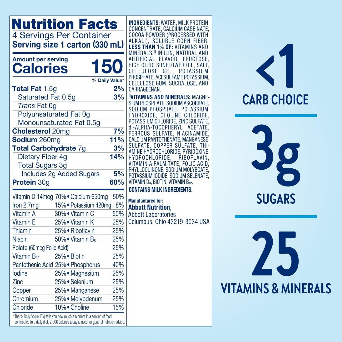 Glucerna etiqueta nutricional destacando 30 g de proteína y CARBSTEADY