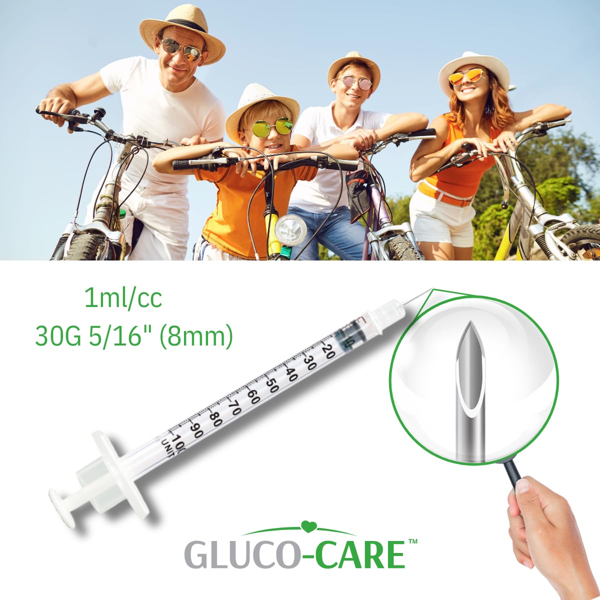 GLUCO-CARE aguja 30G con tapa naranja para protección y transporte seguro
