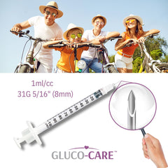 GLUCO-CARE aguja con tapa naranja protegiendo el punto y facilitando identificación