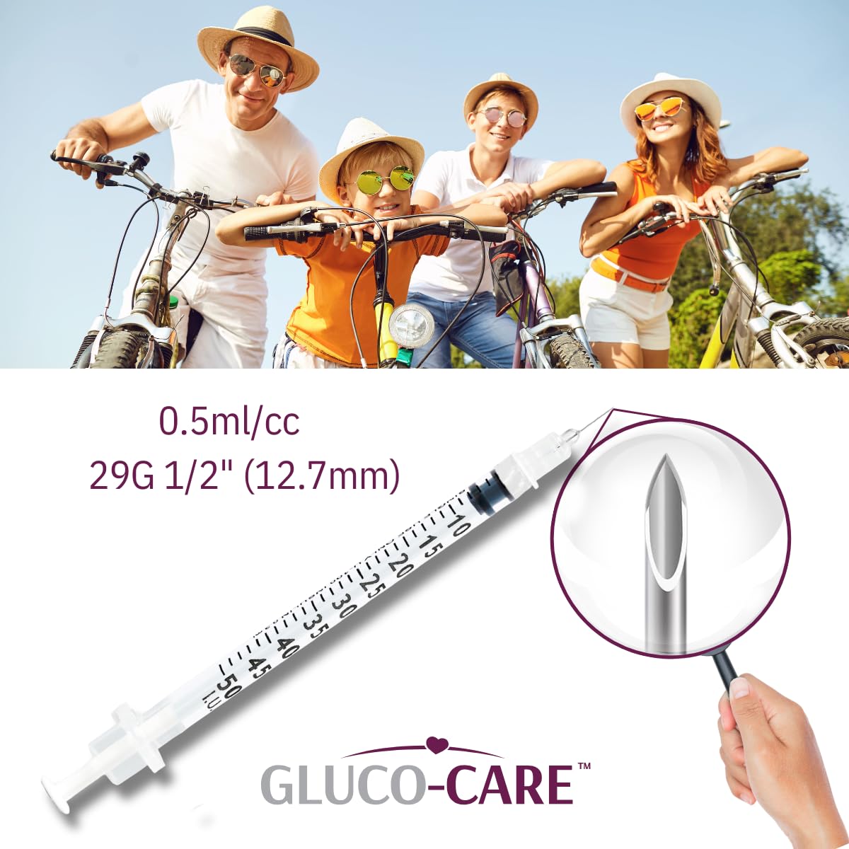 GLUCO-CARE aguja y marcas de longitud 29G x 1/2" destacando precisión de 12.7mm