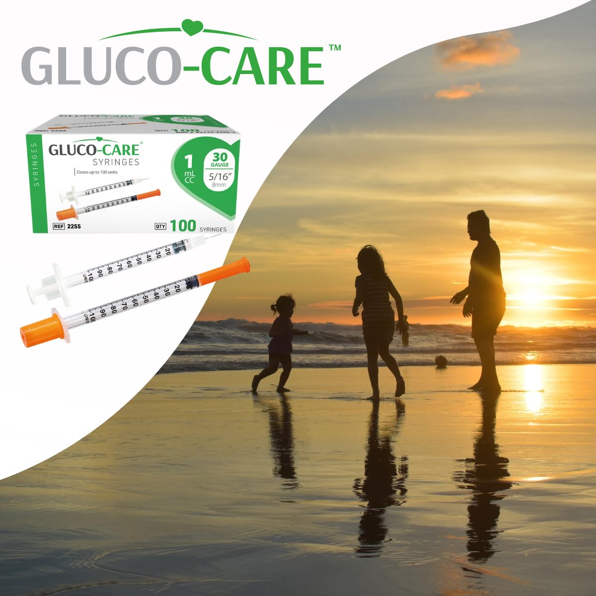 GLUCO-CARE caja de 100 jeringas organizada para almacenamiento práctico