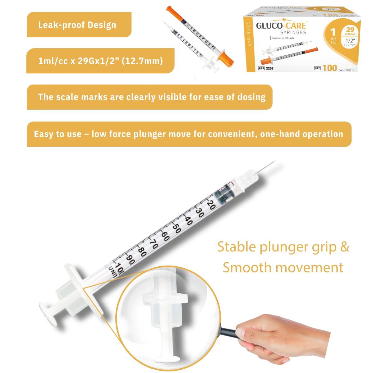 GLUCO-CARE jeringa al lado de regla para mostrar longitud exacta 12.7 mm