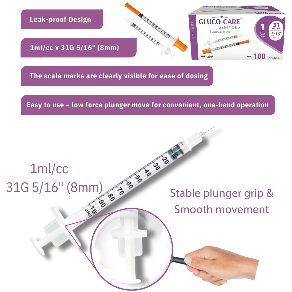 GLUCO-CARE jeringa junto a regla para comparar la longitud real de 8 mm