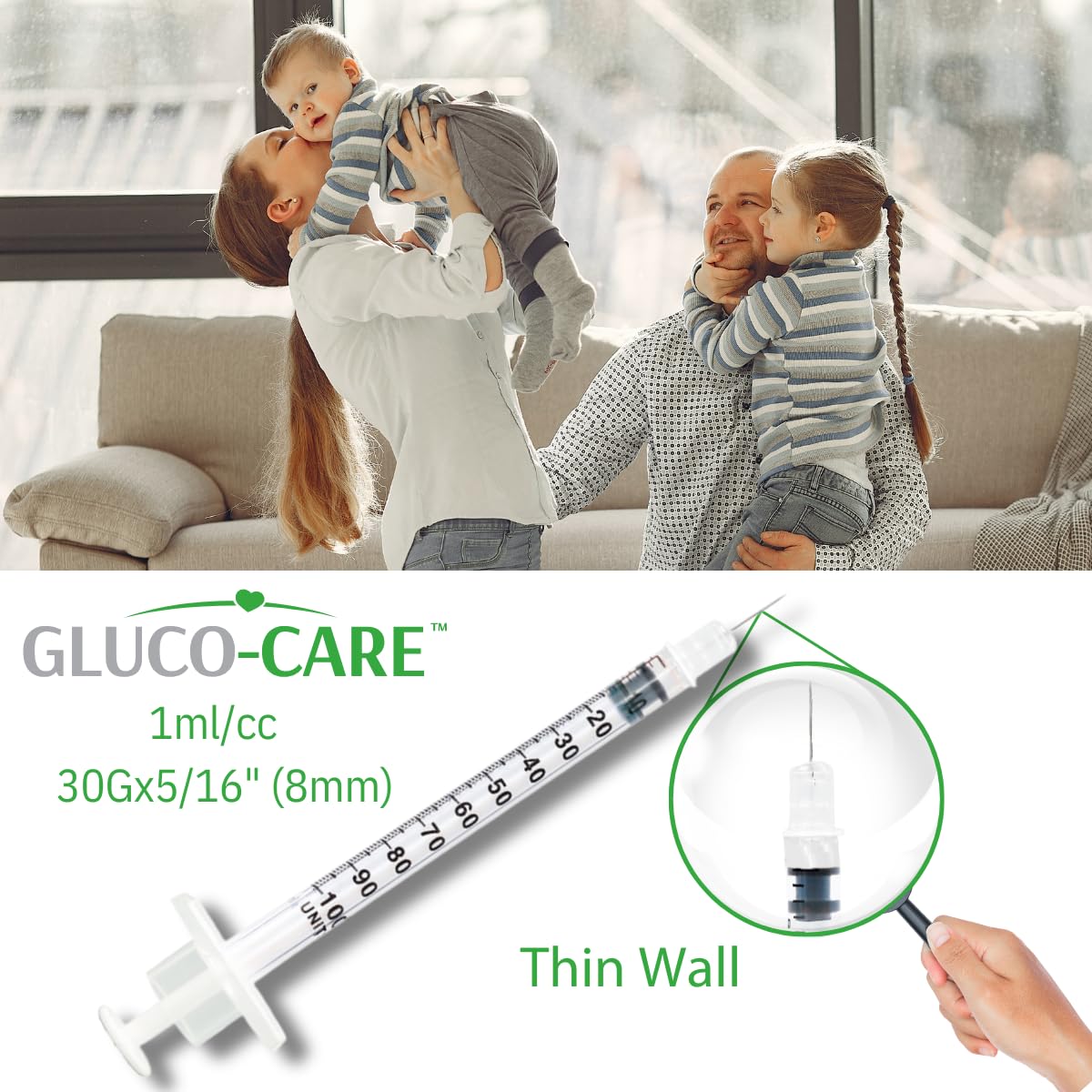 GLUCO-CARE tamaño comparativo junto a una moneda para referencia visual