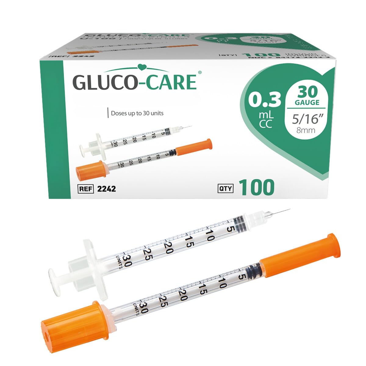 GLUCO-CARE frente del paquete de 100 jeringas, organización y suministro