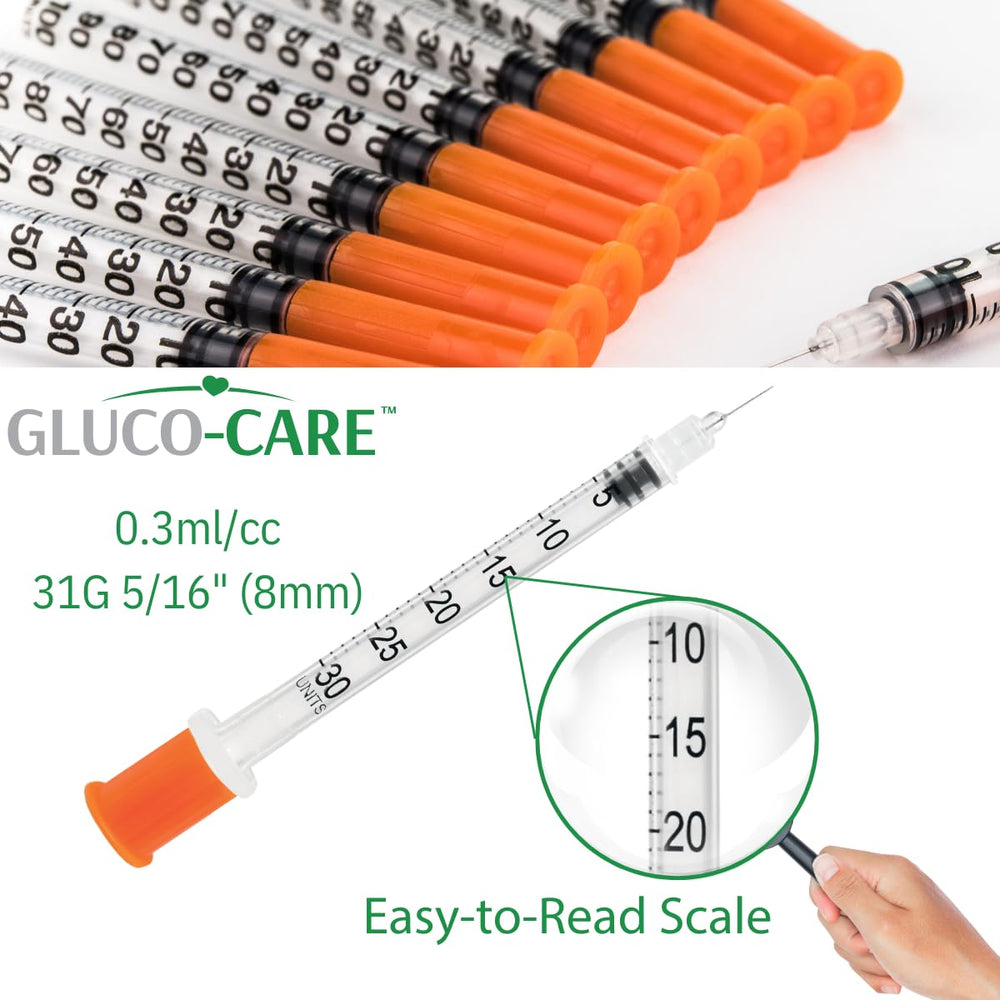 GLUCO-CARE jeringa en uso en banco de laboratorio, precisión práctica