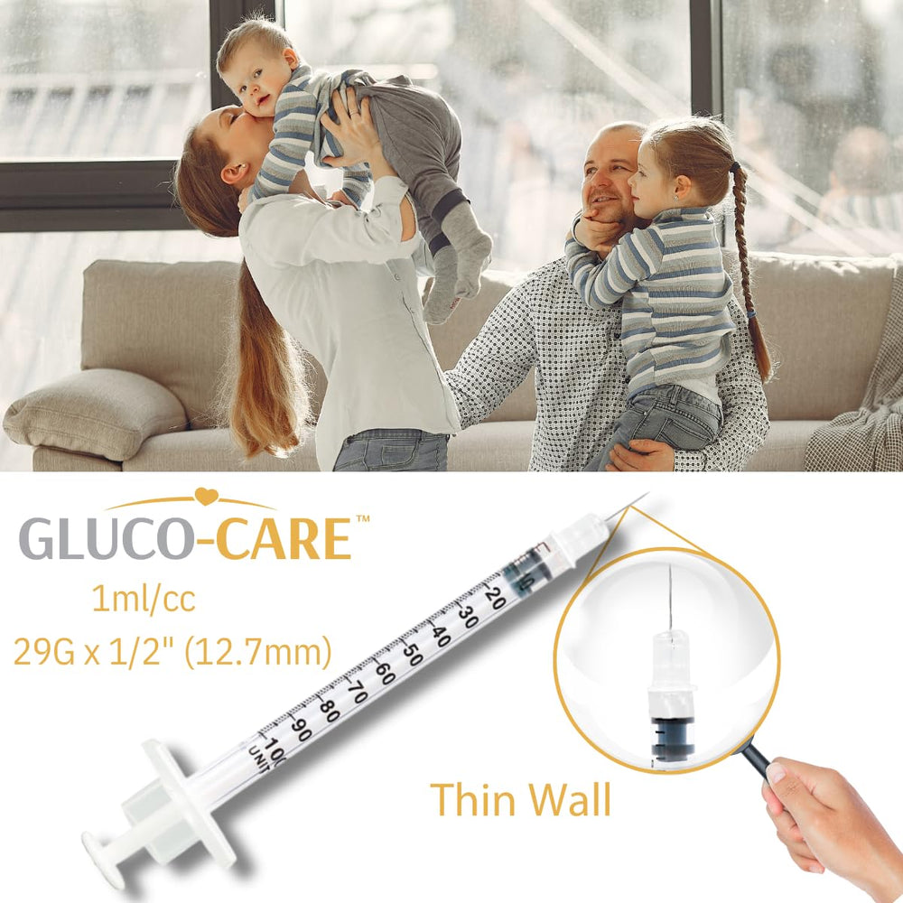 GLUCO-CARE jeringa en uso en bancada de laboratorio, uso industrial seguro