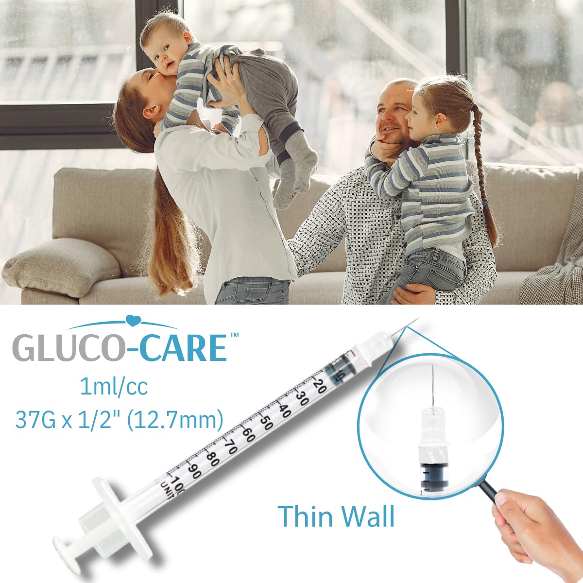 GLUCO-CARE jeringa en uso transfiriendo líquido con control